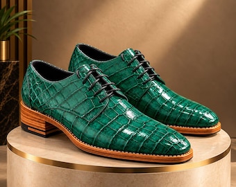 Handgemaakte groene leren Oxford-schoenen, op maat gemaakte formele schoenen, elegante trouw- en zakelijke schoenen.