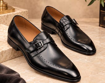 Handgemaakte zwarte leren monk strap schoenen – brogue loafers voor heren