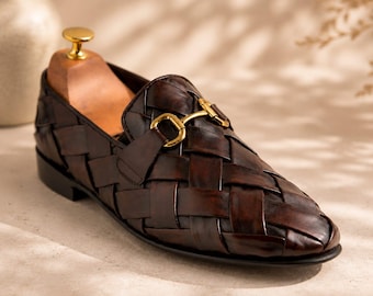Handwoven Leather Horsebit Loafers – Dark Brown Italian Style Dress Shoes