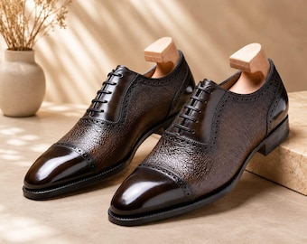 Handmade Dark Brown Leather Oxford Dress Shoes – Textured Cap Toe Formal Footwear