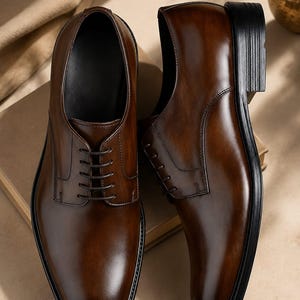 May include: A pair of dark brown leather oxford shoes featuring a smooth, polished finish, matching brown laces, a rounded toe, and a solid black stacked heel. The shoes are designed with a classic lace-up closure and visible stitching along the eyelet panels.
