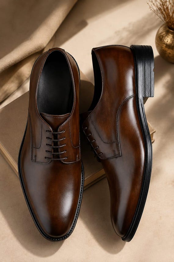 Handmade Brown Leather Derby Shoes – Oxford Style Dress Footwear