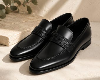 Handmade Black Leather Loafers – Elegant Slip On Dress Shoes, Formal Wedding Footwear