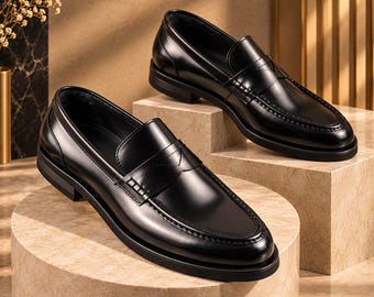 Handgemaakte zwarte leren penny loafers voor heren, luxe formele schoenen