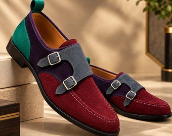 Handgemaakte leren loafers met dubbele gesp, bordeauxpaarse suède formele schoenen (op bestelling gemaakt)