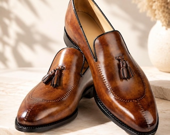 Handmade Brown Leather Tassel Loafers | Men's Luxury Dress Shoes, Formal Slip-Ons