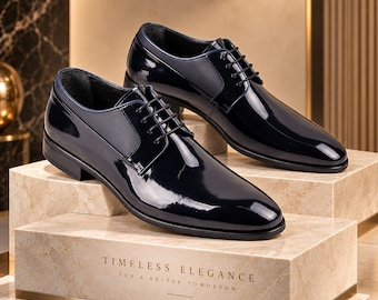Handgemaakte lakleren Derby-schoenen voor heren, zwarte formele Oxford-schoenen.
