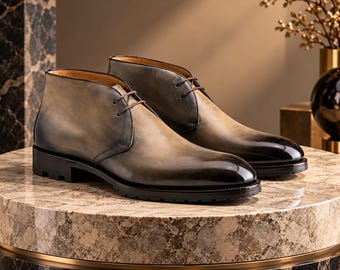Handgemaakte leren Chukka-laarzen voor heren, geklede schoenen met patina, schoenen op maat.