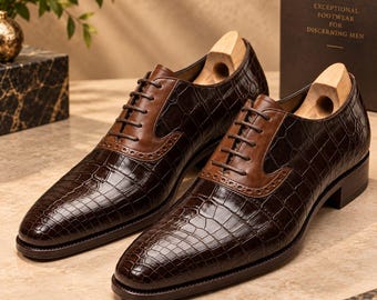 Handgemaakte Oxford-schoenen van reliëfleder voor heren, bruin, formele schoenen.