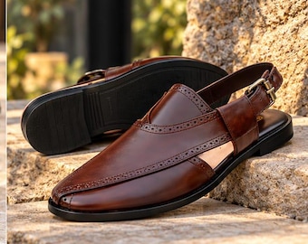 Handmade Brown Leather Slingback Loafers, Pointed Toe Dress Shoes for Men