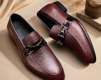 Burgundy Leather Horsebit Loafers – Men's Luxury Dress Shoes, Handmade Formal Slip-Ons