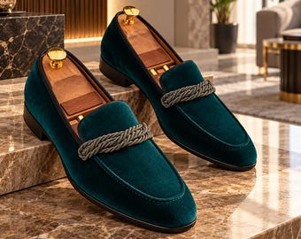 Handmade Emerald Green Velvet Loafers, Braided Tassel Dress Shoes, Luxury Wedding Footwear