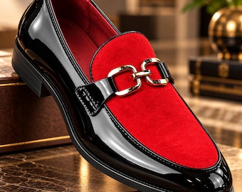 Handgjorda röda svarta läderloafers, lyxiga Horsebit slip-on-skor