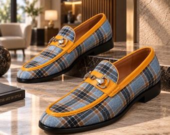 Handgemaakte leren loafers met ruitpatroon voor heren, instapschoenen met paardenbitdesign (op bestelling gemaakt)