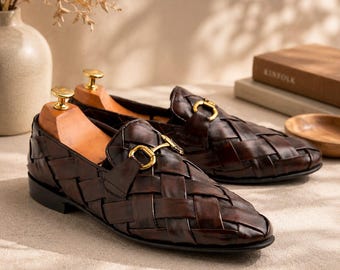Handwoven Leather Horsebit Loafers – Dark Brown Italian Style Dress Shoes