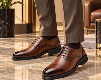 Chaussures Oxford à bout rapporté en cuir marron faites main, chaussures habillées sur mesure pour hommes