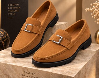 Handgemaakte suède loafers in camelkleur voor heren, instapschoenen met gesp.