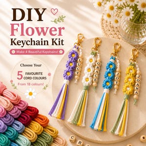 May include: A DIY flower keychain kit featuring four finished macrame keychains with gold clasps, flower-shaped cord designs, and wooden letter beads spelling LUCY, GRACE, JOY, and JOANA. Includes stacks of colorful cords and loose letter beads.