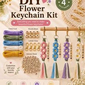 Personalized Flower Keychain DIY Kit | Custom Name Macrame Keychain Craft, Beginner DIY Kit, Make 4 Keychains (Video Tutorial Included)