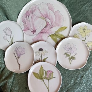 Hand Painted Botanical Dessert Plate Set | Handmade Ceramic Cake Plates | Floral Tableware | Ready to Ship