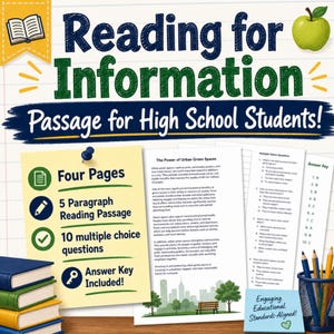 May include: Educational resource titled "Reading for Information: Passage for High School Students!" The image features a green apple, a stack of books, and a worksheet with multiple-choice questions and an answer key. The text highlights four pages, a five-paragraph reading passage, and ten multiple-choice questions.