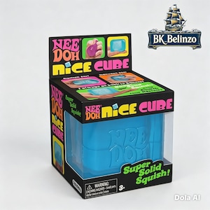 May include: A blue Nee Doh Nice Cube sensory toy packaged in a black cardboard box with pink and yellow text. The box features illustrations of the cube being squished, the text Super Solid Squish, and a warning label regarding small parts.