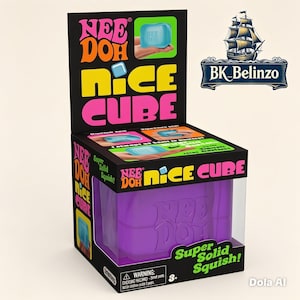 May include: A purple Nee Doh Nice Cube sensory toy packaged in a black cardboard box. The packaging features bright pink, yellow, and orange text reading Nee Doh Nice Cube, with illustrations of the cube being squished and a warning label at the base.