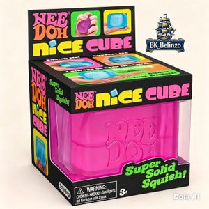 May include: A Nee Doh Nice Cube squishy toy in a black retail display box. The box features bright pink, yellow, and green text with the words Nee Doh Nice Cube and Super Solid Squish. The toy inside is a solid pink cube with the logo embossed on it.