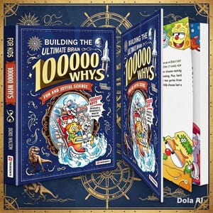 Puede incluir: Un libro infantil azul marino titulado "Building the Ultimate Brain 100000 Whys: Fun and Joyful Science". La portada presenta ilustraciones de dibujos animados, un cohete y un dinosaurio. El libro está abierto, revelando páginas ilustradas.