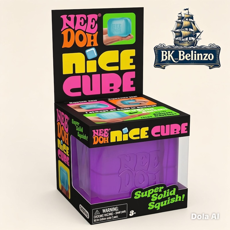 May include: A purple Nee Doh Nice Cube sensory toy packaged in a black cardboard box. The packaging features bright pink, yellow, and orange text reading Nee Doh Nice Cube, with illustrations of the cube being squished and a warning label at the base.