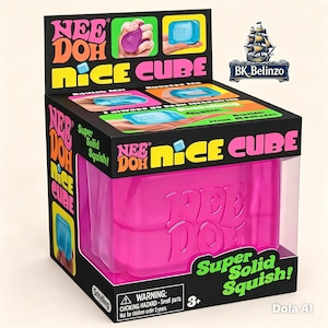 May include: A Nee Doh Nice Cube squishy toy in a black retail display box. The box features bright pink, yellow, and green text with the words Nee Doh Nice Cube and Super Solid Squish. The toy inside is a solid pink cube with the logo embossed on it.