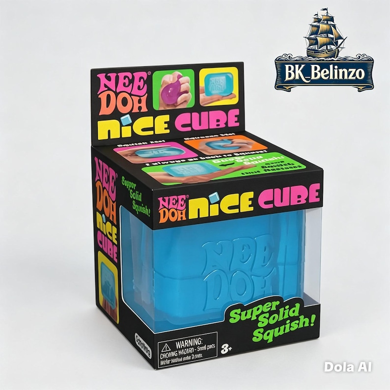 May include: A blue Nee Doh Nice Cube sensory toy packaged in a black cardboard box with pink and yellow text. The box features illustrations of the cube being squished, the text Super Solid Squish, and a warning label regarding small parts.