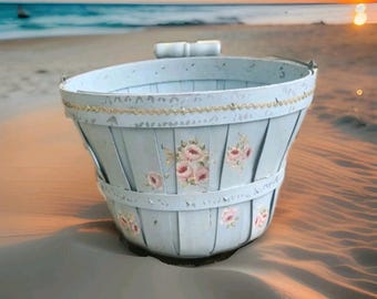 Vintage Cottage Core handgeschilderde rozen mand met handvat