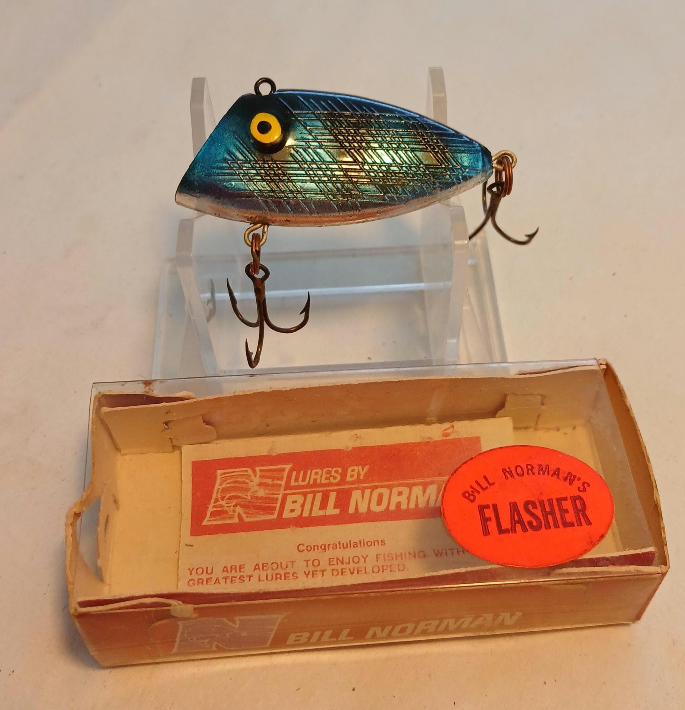 antique fishing lure box only bud stuart hammer handle Vintage Bud Stewart Jointed Wood Tail Sucker Lure In Box For Sale