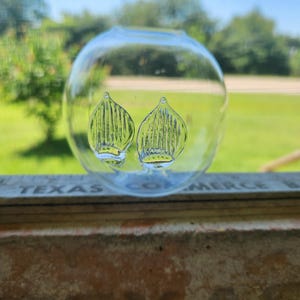 Puede incluir: Un jarrón esférico de vidrio transparente con dos diseños estilizados en forma de hoja en el interior. El jarrón está colocado frente a una ventana, con el texto "TEXAS CO MERCE" visible en el alféizar. El fondo muestra una vista borrosa de árboles y hierba verdes.