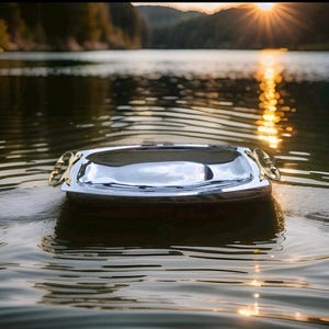 May include: A rectangular silver serving tray with a polished, reflective surface and ornate gold-toned metal handles on each side. The tray features a smooth, slightly concave center and a raised rim, showcasing a metallic finish that catches light.