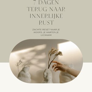 Può includere: Una copertina di libro con sfondo beige chiaro che riporta il testo 7 DAGEN TERUG NAAR INNERLIJKE RUST ZACHTE RESET NAAR JE HOOFD, JE HART EN JE LICHAAM e ANNE-LORE ROEBBEN. Un riquadro ovale mostra tre vasi in ceramica bianca con un ramo secco.