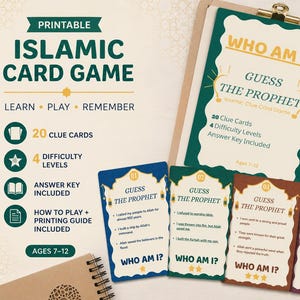 May include: A printable Islamic card game set featuring a large instruction sheet and four individual clue cards. The cards are labeled Who Am I? and Guess The Prophet, with text detailing clues, difficulty levels, and an answer key for ages 7-12.