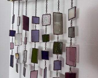 Stained Glass & Wood Suncatcher | Custom Color Hanging Panel | Boho Window Decor