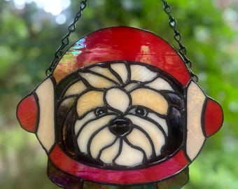Custom Stained Glass Pet Portrait Suncatcher | Handmade Dog Cat Memorial Window Decor