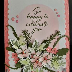Peach A2 Sized (4.25"X5.5") Card with Flowers & Leaves, Embossed Back Ground and Gems