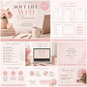 Op de afbeelding: Een digitale planner en ebook getiteld "Soft Life WFH Planner" met een roze en witte esthetiek. De afbeelding bevat een laptop, mok, bloemen en tekst die luidt "Plan je werk, bescherm je vrede, leef je zachte leven."