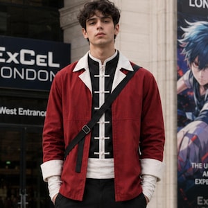 Puede incluir: Una chaqueta roja con solapas y puños blancos sobre una camisa negra con cuello mao blanco y cierres de palanca blancos. Una correa negra cruzada se lleva sobre el pecho. El fondo muestra el letrero de la entrada oeste de ExCeL London.