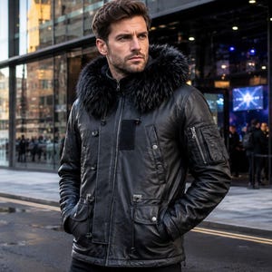 Handgjord jacka med huva och svart pälskant | Unisex-parkas i premiumläder med huva – cosplay-dräkt