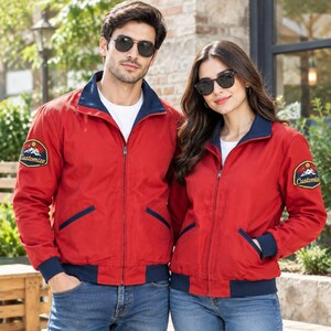 Handmade Bright Red Cotton Patch Work Jacket | Retro Beach Two-Tone Casual Zip Up Outerwear Coat
