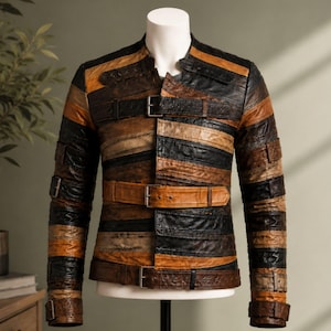 May include: A jacket constructed from horizontal strips of textured leather in shades of black, dark brown, and tan. The garment features a mandarin collar, long sleeves with buckled cuffs, and three horizontal buckled straps across the front.