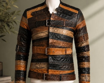 Chaqueta de cuero a rayas multicolor hecha a mano / Prenda de abrigo asimétrica con patchwork / Abrigo de cosplay con múltiples hebillas