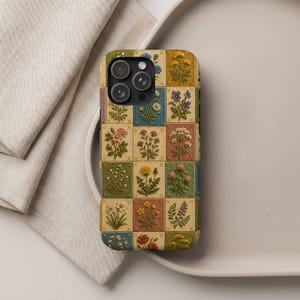 Vintage botaniskt lapptäcke telefonskal, Cottagecore vildblommigt blomfodral, present till henne, iPhone Samsung-skal