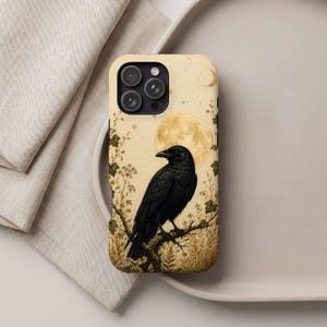 Dark Academia Raven Phone Case, Moonlit Botanical Bird Cover, Vintage Gothic Nature Style