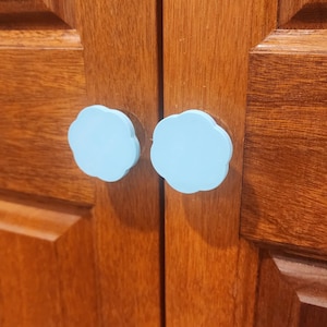 May include: A pair of light blue, flower-shaped knobs on a dark brown wooden cabinet. The cabinet doors have a rich wood grain. The knobs provide a decorative accent. The cabinet is likely used for storage.